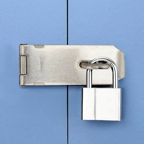 Stainless Steel Padlock Hasp Latch Heavy Duty Security Hasp With Mounting Screws securing blue cabinet doors