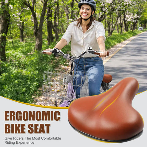 Woman riding Foldable 26 Inch Beach Cruiser Bicycle For Women And Adults With 7 Speed Shifting in park, ergonomic seat focus