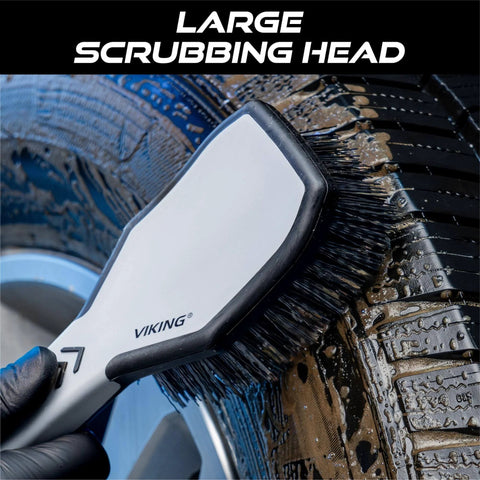 Ergonomic Tire And Wheel Cleaning Brush For Cars, 10.3 Inch Long With Short Stiff Bristles, cleaning a car tire with rubber lined sides