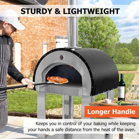 Person using 9 Inch Perforated Pizza Peel Turning Paddle With Extra Long Detachable Handle For Rotating Sliding Pizza Heavy Gauge Stainless Steel Spatula Oven Safe Easy Cleanup For Home Chefs Joyfair to place pizza in outdoor oven.