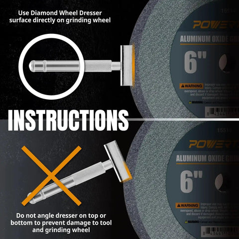 Precision Diamond Dressing Tool For Bench Grinder Wheels With 36 Grit Diamond Chips And Four And Five Eighths Inch Long Diamond Surface With Guide Bars For Cleaning Aluminum Oxide And Silicon Carbide Wheels Powertec 71003 showing correct and incorrect grinding wheel use.