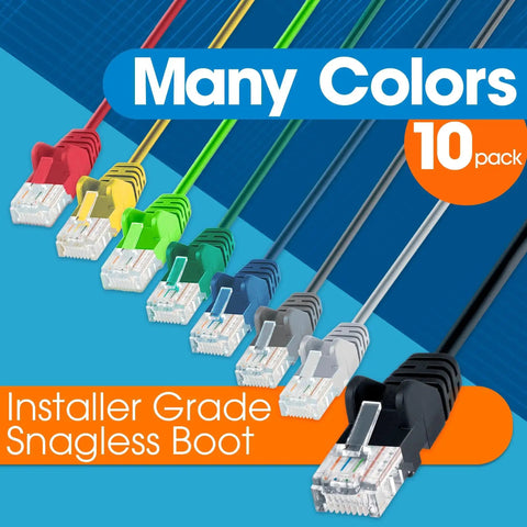 Colorful Cat6 Ethernet cables with snagless boots, 10-pack, showing multiple colors, installer grade quality.