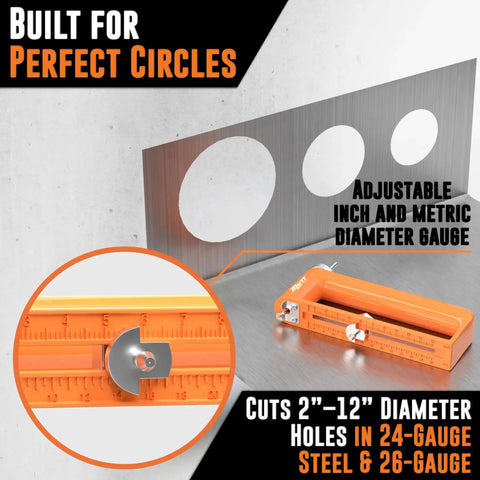 Beefy Adjustable Metal Hole Cutter For 2 To 12 Inch Holes In 24 Gauge Steel And 26 Gauge Stainless, shown creating perfect circles.