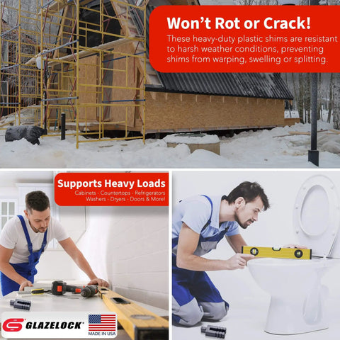 Plastic Peel Away Stackable Shims For Leveling 32 Piece Set, 3 1/2 Inch Length, 1/16 Inch Thickness, U Shape Bolt Hole 5/8 Inch Tile Spacers For Windows, Doors, Floors, And Toilet Shims, Reusable Quick Adjust Spacers By Glazelock Made In USA