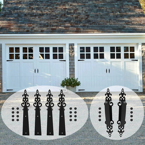 Metal Garage Door Decorative Hardware Hinges Carriage House Accents Screw Mounted 6 Piece Set displayed in front of garage