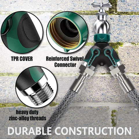 Green and black garden hose splitter 2-way with long handle and reinforced swivel connectors; zinc-alloy threaded fittings.