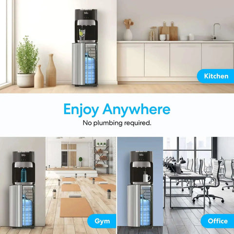 Bottom Load Water Dispenser For Five Gallon Bottles With Hot Cold And Room Temperature Water in kitchen, gym, and office settings