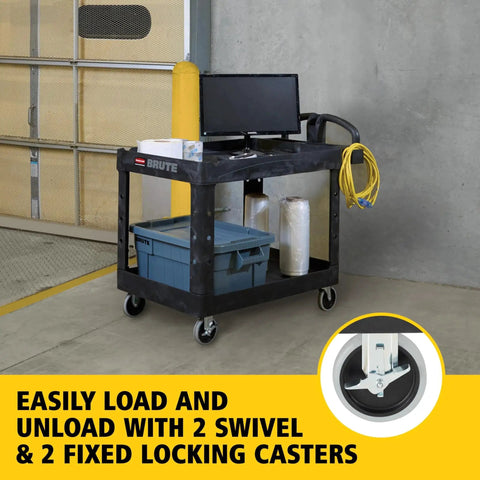 Two Shelf Foam Utility Cart With Lipped Shelves And Ergonomic Handle Black 500 Lb Capacity in warehouse with monitor and tools