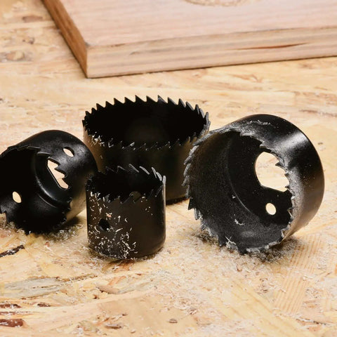 Pro-Grade Hole Saw Kit With 20 Pieces from 3/4 Inch to 6 Inch Holes showing precision teeth on wooden surface for DIY projects.