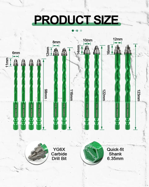Carbide Tipped Masonry Drill Bit Set 10-Piece With Quick Fit Hex Shank In 1/4 Inch, 5/16 Inch, 3/8 Inch And 1/2 Inch For Wood Plastic Brick Concrete Ceramic Tile Glass Marble DIY Home Improvement Pro Grade displayed with product size.