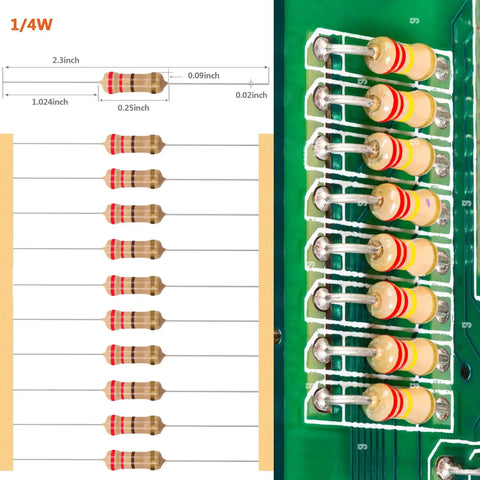 Front view of 1/4W carbon-film resistor kit; brown resistors with red bands on a white sheet and installed resistors on a green PCB