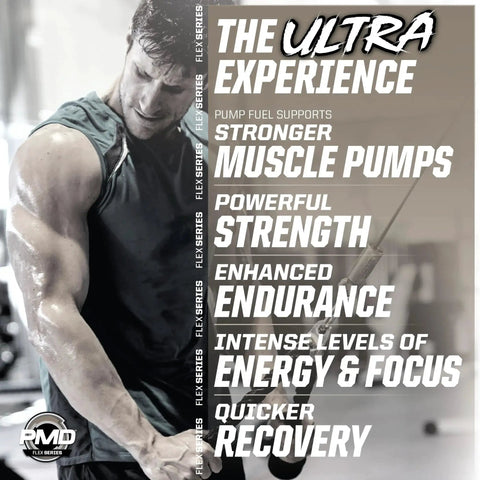 Man lifting weights with Ultra Insanity Premium Pre Workout Powder For Explosive Muscle Pump Laser Focus Endurance text overlay.