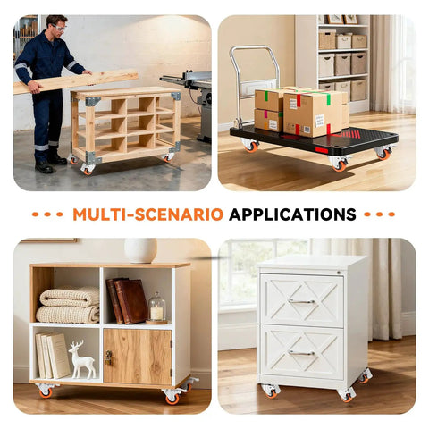 Multi-scenario applications of Heavy Duty 2 Inch Plate Caster Wheels Set of 4 With Dual Locking Brakes on furniture and carts.