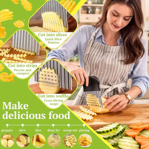 Woman using a crinkle cutter for potatoes and veggies that delivers fun grab-and-go crinkle fries, sharp french fry cutter with 304 stainless steel blade.