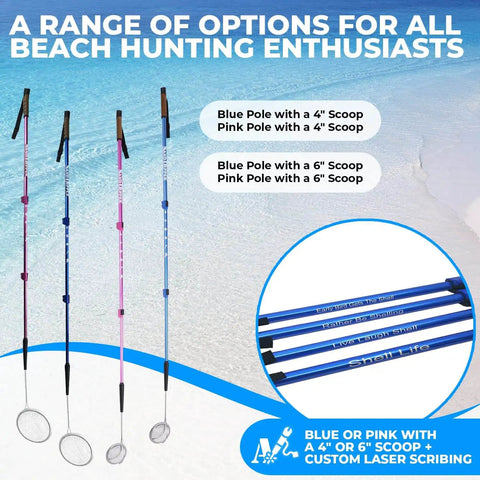Full Size Beach Scoop Shovel And Sifter Tool For Beachcombing, Adjustable Sea Glass Seashells And Shark Teeth Finder in blue and pink options.