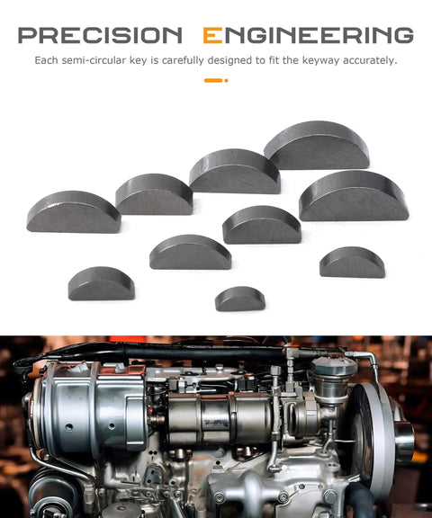 Woodruff Key Set 120 Piece Semicircle Key Assortment With 10 Sizes Half Moon Keys For Flywheel Applications, shown with engine.
