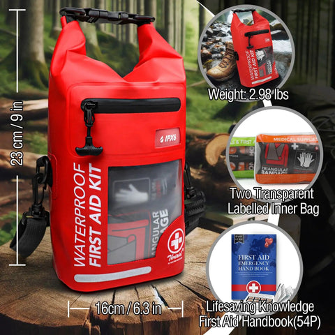 250 Piece IPX6 Waterproof First Aid Kit With Roll Top Reflective Boat Dry Bag, red, for outdoor emergencies.