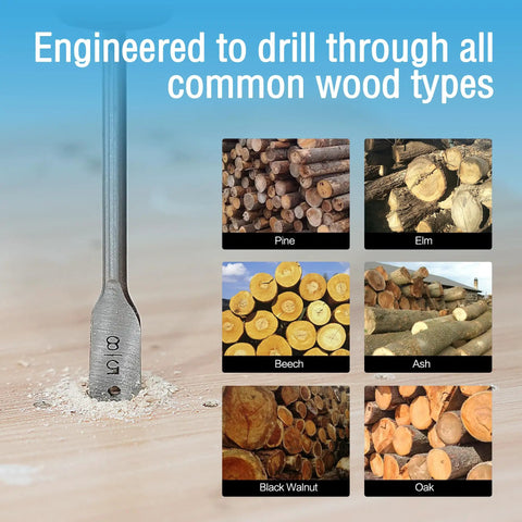 13 Piece Spade Drill Bit Set For Woodworking With Alloy Steel Paddle Bits showing drill bit with wood types.
