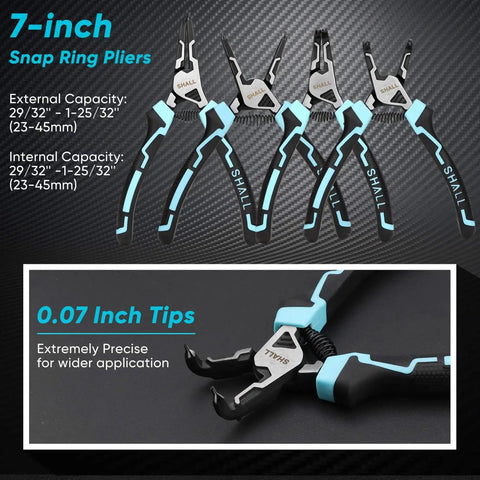 4-Piece Heavy Duty Snap Ring Pliers Set For 7 Inch Internal And External Circlip Pliers With 5/64 Inch Tip shown with pointed tips.