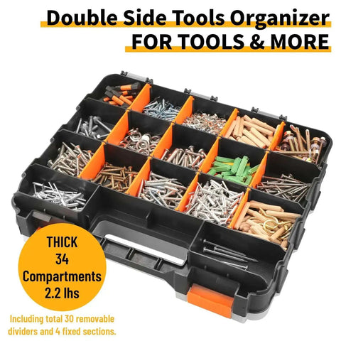 Dual Side 34 Compartments Mini Tool Box Organizer With Customizable Layout And Removable Partitions, Plastic Storage Case Open