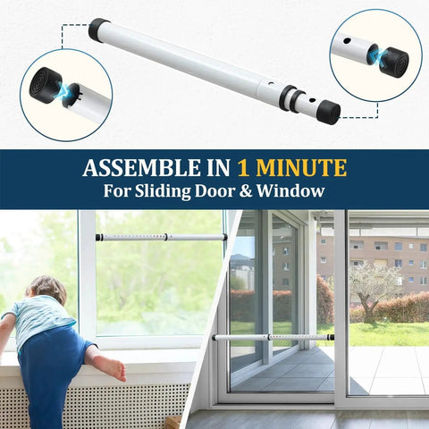 Three In One Door Security Bar With Heavy Duty Metal, Adjustable From Sixteen To Forty One Point Seven Inches, Sliding Patio Door Lock Stick With Two Point Eight Inch Non Slip Base, Portable Home, Apartment And Travel Safety Lock For Doors And Windows installed on a sliding door and window