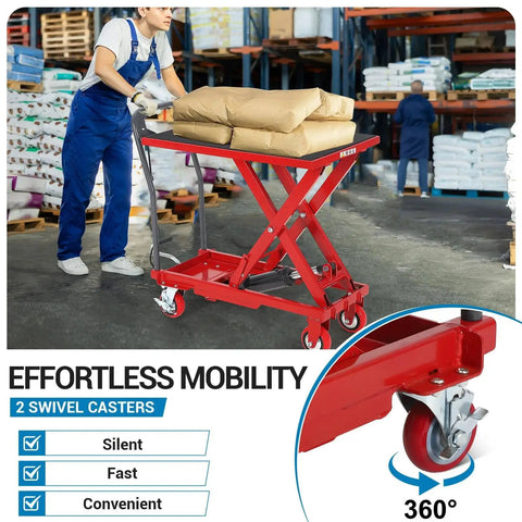 Worker using 500 Lb Hydraulic Lift Table Cart With 28.5 Inch Lift And Non Slip Pad Red in warehouse with swivel casters.