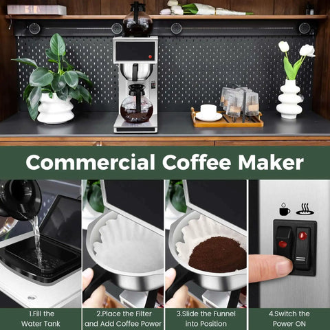 12 Cup Commercial Coffee Maker With Dual Warmers For Offices And Break Rooms - Pourover Stainless Steel Brewer, 120V Compact Drip Coffee Machine For Church Events And Big Gatherings shown on a countertop with accessories.