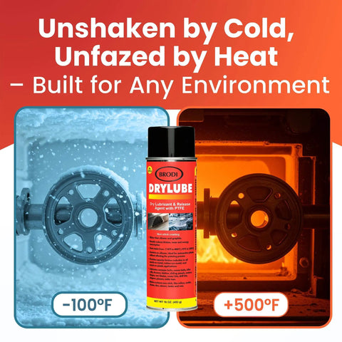 Industrial-Grade PTFE Dry Lubricant Spray can with temperature test at -100°F and +500°F environments