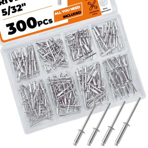 300 Piece 5/32 Inch Aluminum Blind Rivets Kit With Four Lengths 1/4 5/16 3/8 1/2 Inch Dome Head Open End Rivets Steel Mandrel