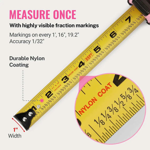 Close-up of a 25 Foot Tape Measure With Fractions, Retractable Steel Blade, Magnetic Hook, Three Brake System, Nylon Coating