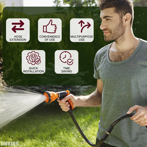 Pressure washer hose connector in use outdoors; man holds spray wand attached to hose with quick-connect, lawn backdrop