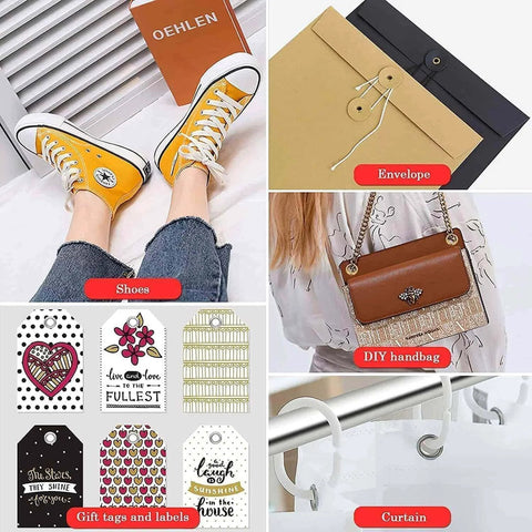 Collage featuring shoes, envelope, DIY handbag, gift tags, and curtain hook.