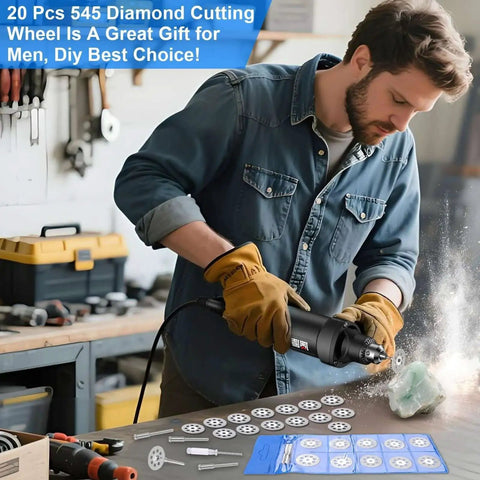 Man using Pro Grade Heavy Duty 20 Pack Diamond Cutting Discs Kit For Dremel Rotary Tools, 22mm Diamond Wheels on workbench.