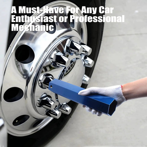 33 mm Lug Nut Cover Remover Tool Socket for Semi Truck with 11 Inch Leverage held by gloved hand on wheel