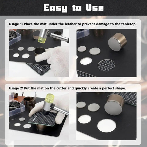 Usage guide for Leather Circle Cutter Tool Set With 21 Sizes From 15 To 55 Mm, showing setup and cutting process on black mat.