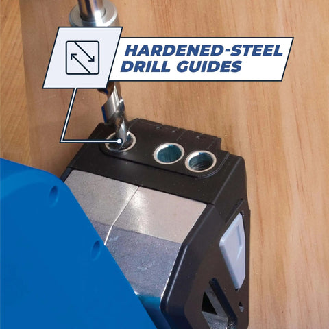 Close-up of Pocket-Hole Jig 720PRO With Easy Clamping And Adjustable Setup showing drill bit in hardened-steel drill guides.