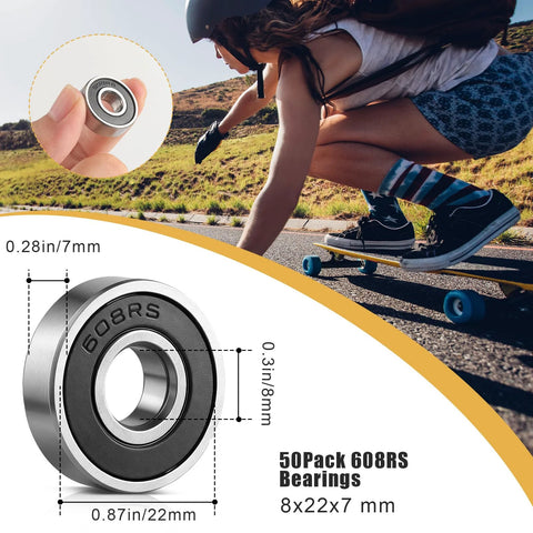 50-pack 608RS bearings, steel with double rubber seal, 8x22x7 mm for skateboards and motors