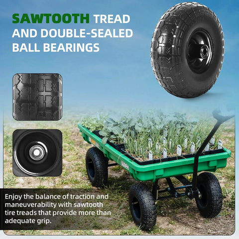 Two Pack 10 Inch Solid Rubber Tires and Wheels 4.10/3.50-4 Flat Free Replacement for Wheelbarrow, Dolly, Hand Truck, Wagon, Garden Cart and Generator Wheels With 5/8 Inch Bearings and 2.2 Inch Offset Hub For Outdoor Use shown on a green garden cart with plants.