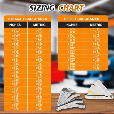 Stainless Steel Feeler Gauge Set With 48 Blades Two Piece Kit Including 16 Angled And 32 Straight Blades Sizing Chart