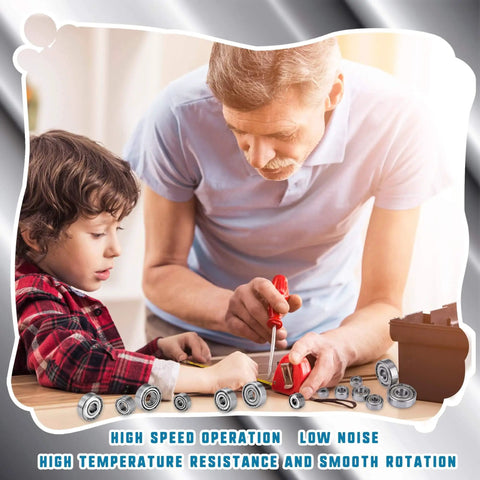 Grandfather and grandson assembling toy car with 70-Piece Sealed Ball Bearing Assortment Kit 608ZZ 693ZZ 623ZZ 624ZZ 685ZZ 687ZZ 627ZZ