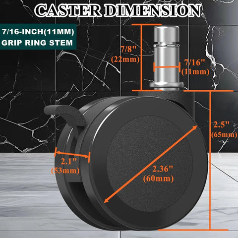 Side view of Office Chair Wheels With Brakes 2.36 Inch Diameter Locking Caster Replacement showing dimensions and stem size