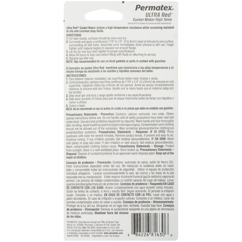 Permatex Ultra Red High-Temp Gasket Maker, 3 oz, back of package with instructions