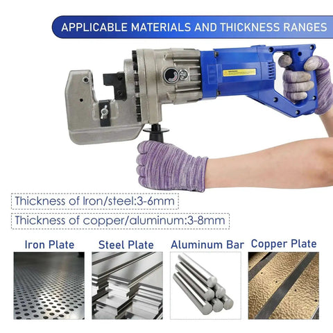 Person using Beast 1300W Electric Hydraulic Hole Puncher for steel, aluminum, and copper materials with visible thickness ranges.