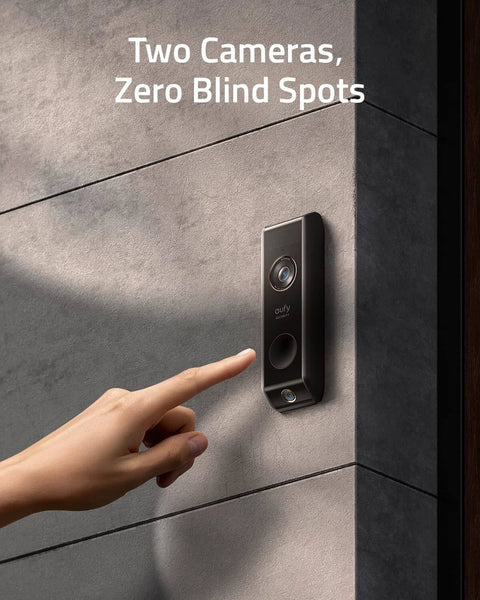 2K HD Video Doorbell Add-On With Battery-Powered Dual Motion Detection Package Alerts Family Recognition No Monthly Fee Motion Alerts Homebase Not Included installed on wall with hand reaching.