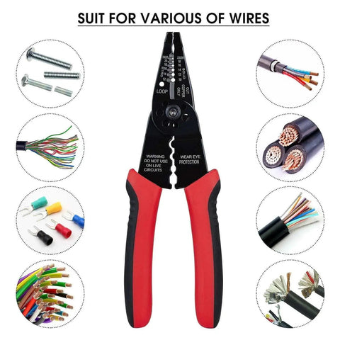 8 Inch Professional Wire Stripper and Crimping Tool for 10 to 22 AWG Solid Copper and Aluminum Cable, ergonomic hand tool displaying features