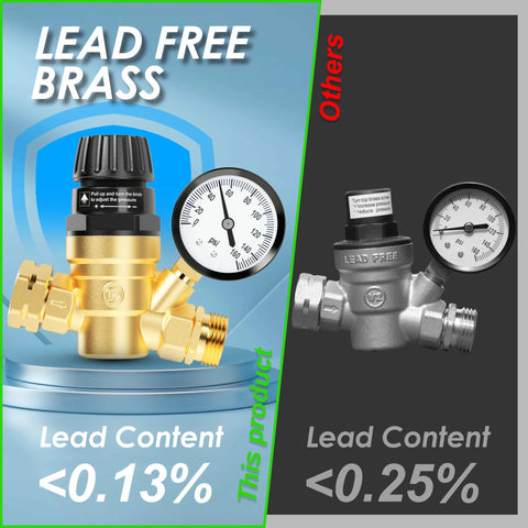 RV water pressure regulator valve with gauge, brass lead-free body and inlet filter; adjustable for campers