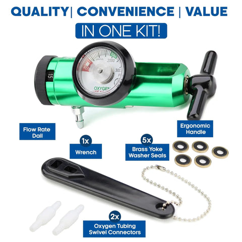 Precision oxygen regulator for 0-15 LPM with a clear gauge and CGA-870 compatibility delivers safe, steady home oxygen flow.