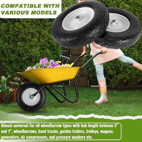 4.80 4.00 8 Flat Free Wheel And Tire For Wheelbarrows, 16 Inch Solid Wheel, Heavy Duty With 3 Inch Hub, shown on wheelbarrow