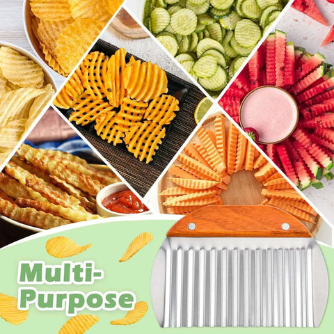 Large Crinkle Cutter for Veggies and Potatoes With Wooden Handle, French Fry Cutter For Crisp Weeknight Restaurant Style Wavy Fries, Potato Slicer And Veggie Chopper