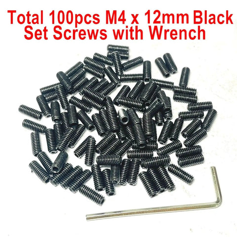 110 Piece M4 X 12mm Stainless Steel Set Screws Hex Socket Grub Screws With M2 Allen Wrench Built To Last 304 Grade Anti Corrosion Durable Fasteners For Machinery DIY Projects Furniture Auto And Marine Use. Image shows a set of M4 x 12mm black set screws with an L-shaped wrench, for DIY and machinery use.